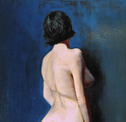 Snippet of oil painting of female with blue background