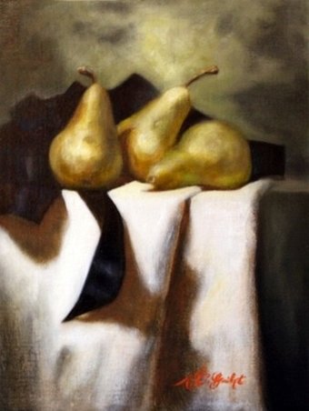 Contemporary still life painting of pears and black ribbon